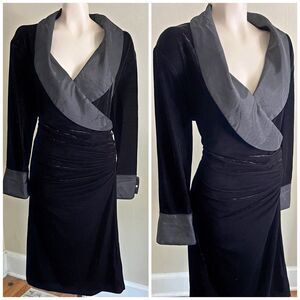 QUEEN GRACE Collection UK Black Velvet Satin shawl collar formal dress sz 16
